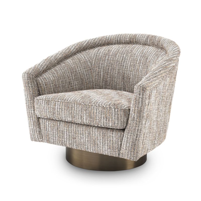 A woven beige armchair with a matte gold swivel base