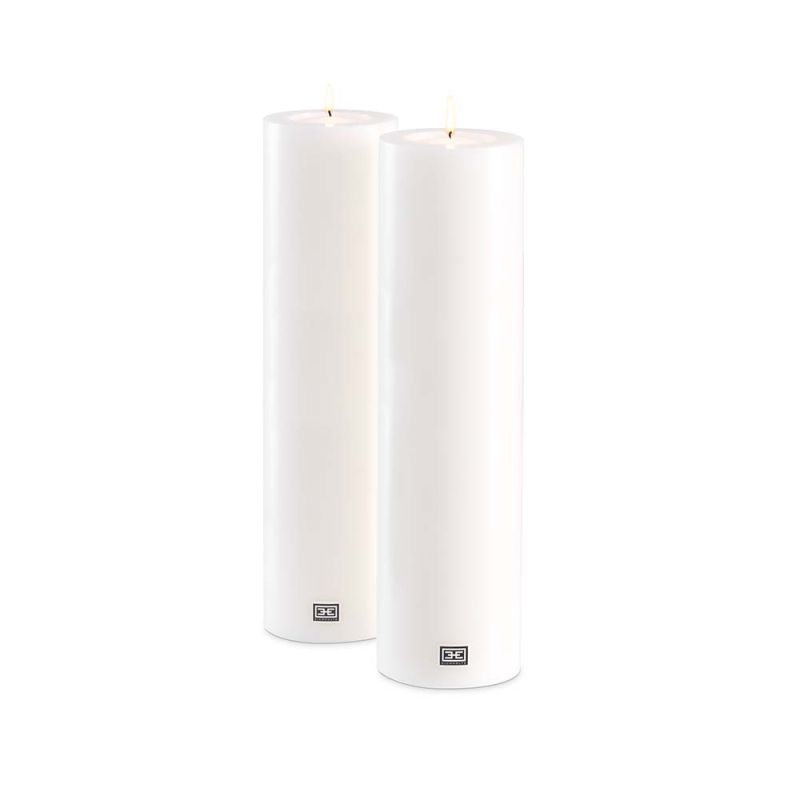 Two tall artificial candles in white