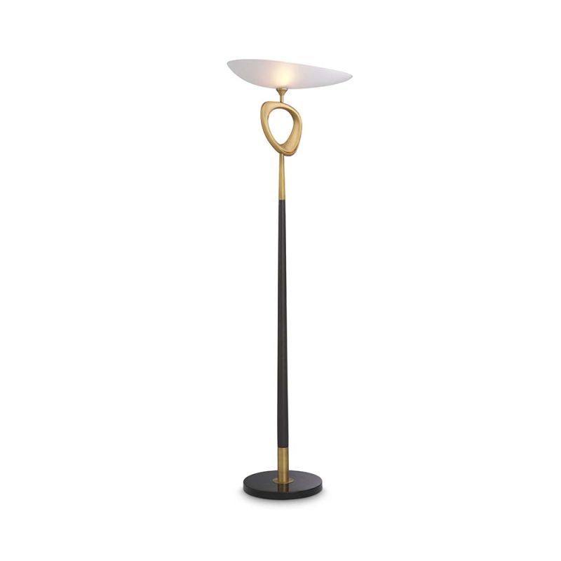 Asymmetrical floor lamp on a marble bass with an abstract brass ornament.