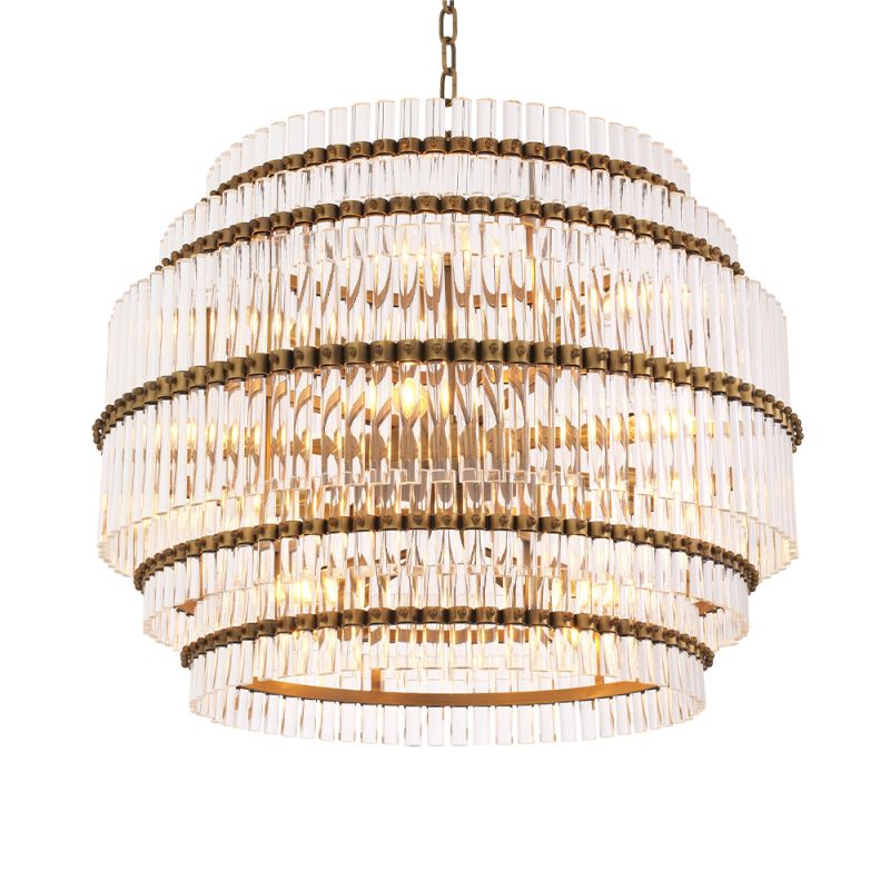 A spectacular, Art Deco chandelier by Eichholtz with five tiers, an antique brass finish and clear glass tubes