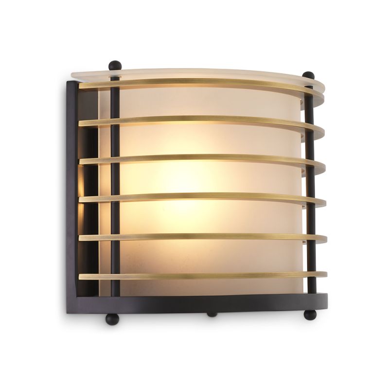 A sophisticated outdoor wall lamp by Eichholtz with a frosted glass shade and antique brass metal cage