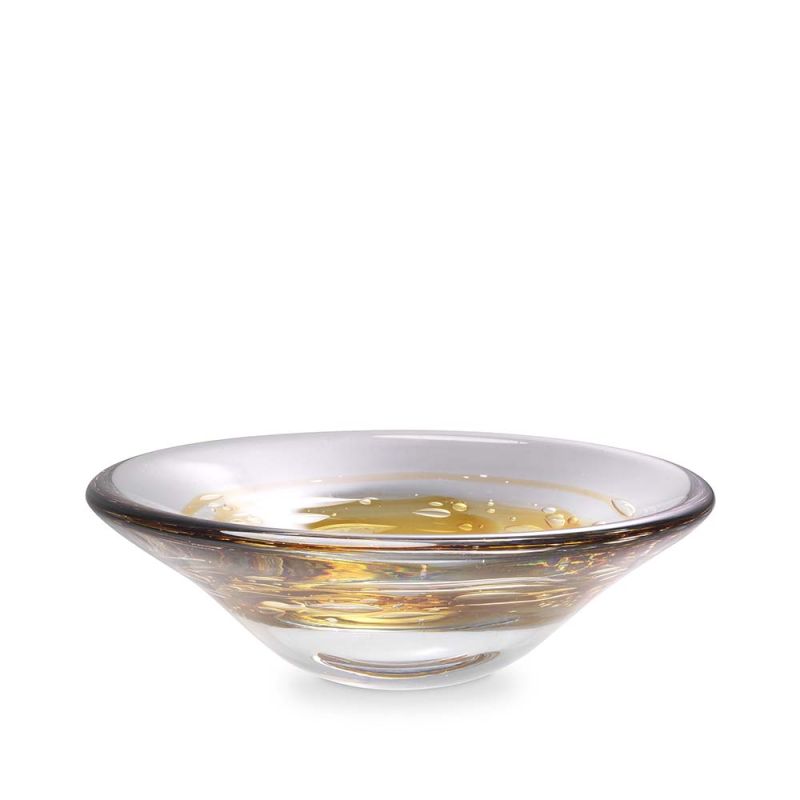 Handblown glass bowl with a yellow swirl.