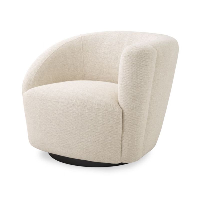 A stylish swivel chair with an asymmetric back upholstered in a natural linen fabric mounted on a black base 