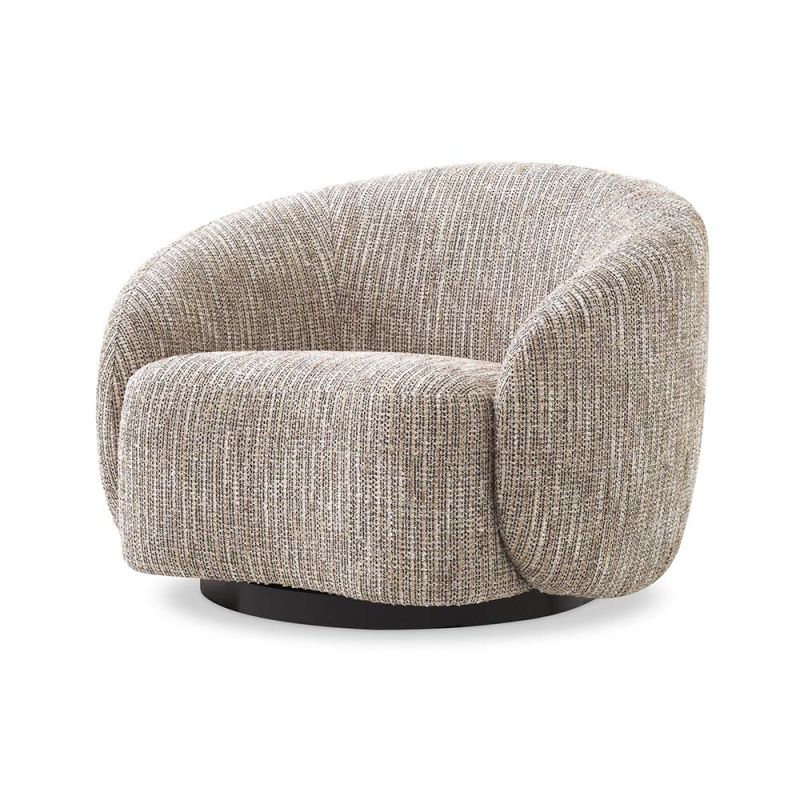 A rustic inspired swivel chair upholstered in a beige like fabric.