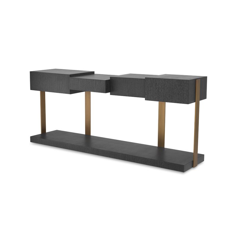 A statement console table by Eichholtz with four charcoal grey, oak veneer blocks and glamorous brushed brass details