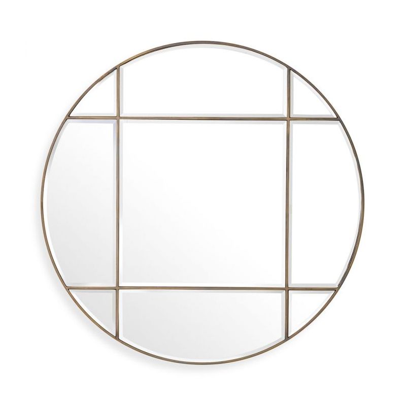 Circular wall mirror with antique brass frame
