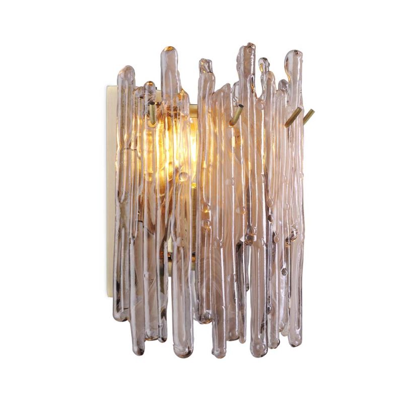 A wall lamp with icicle styled smoked glass and a light brass finish.