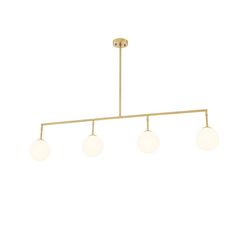 A stylish chandelier by Eichholtz with four white glass globes and an antique brass finish