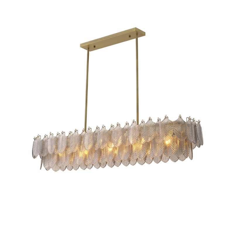 A beautiful chandelier by Eichholtz with a rectangular shape, brushed brass finish and smoke glass decorative leaf details