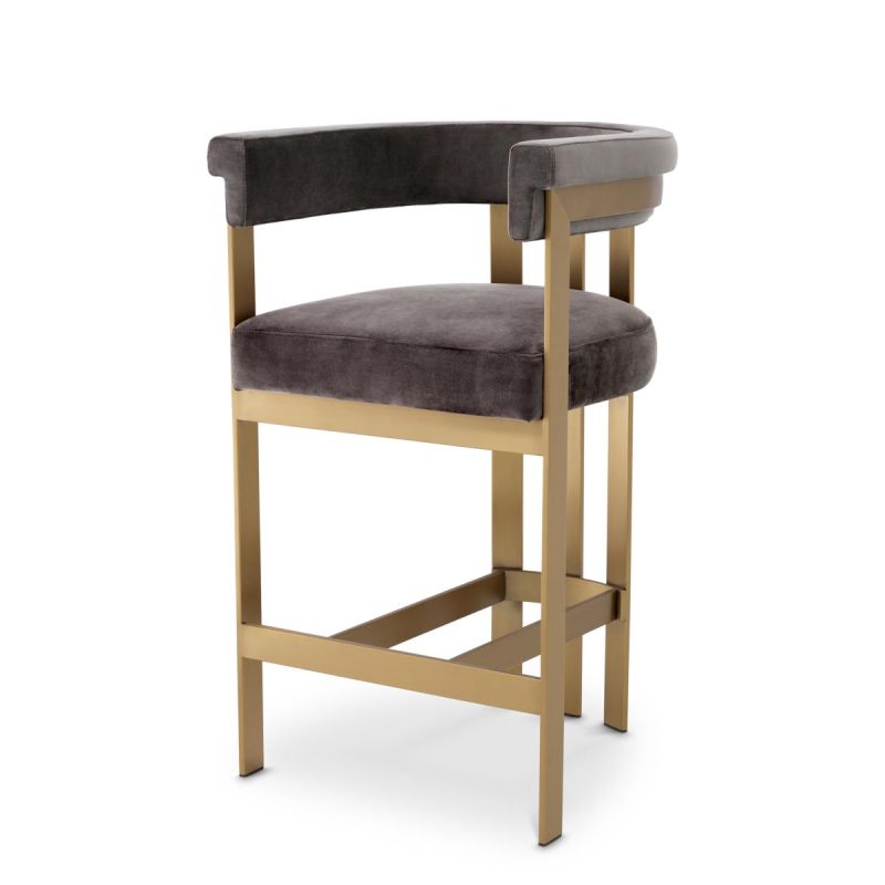 Luxurious grey velvet counter stool with brass finish legs