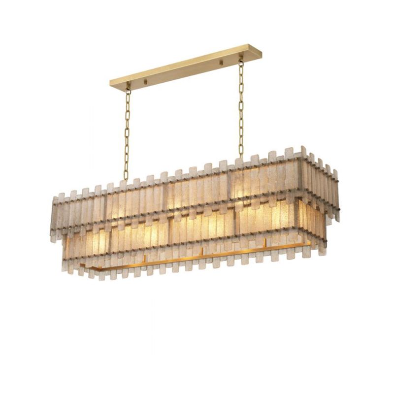 A rectangular, two-tier chandelier by Eichholtz with a contemporary twist on a classic design and an antique brass finish