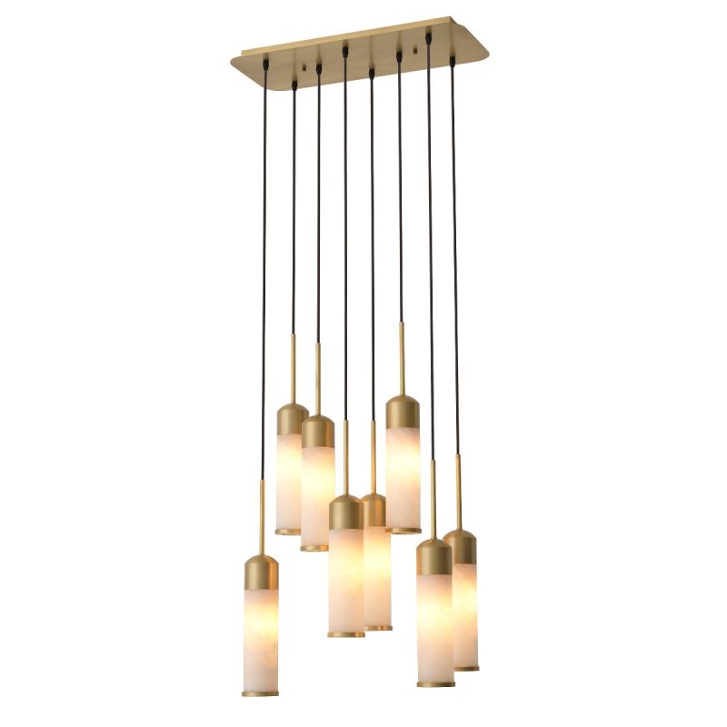 A luxury, statement chandelier by Eichholtz with a sculptural design and an antique brass finish 