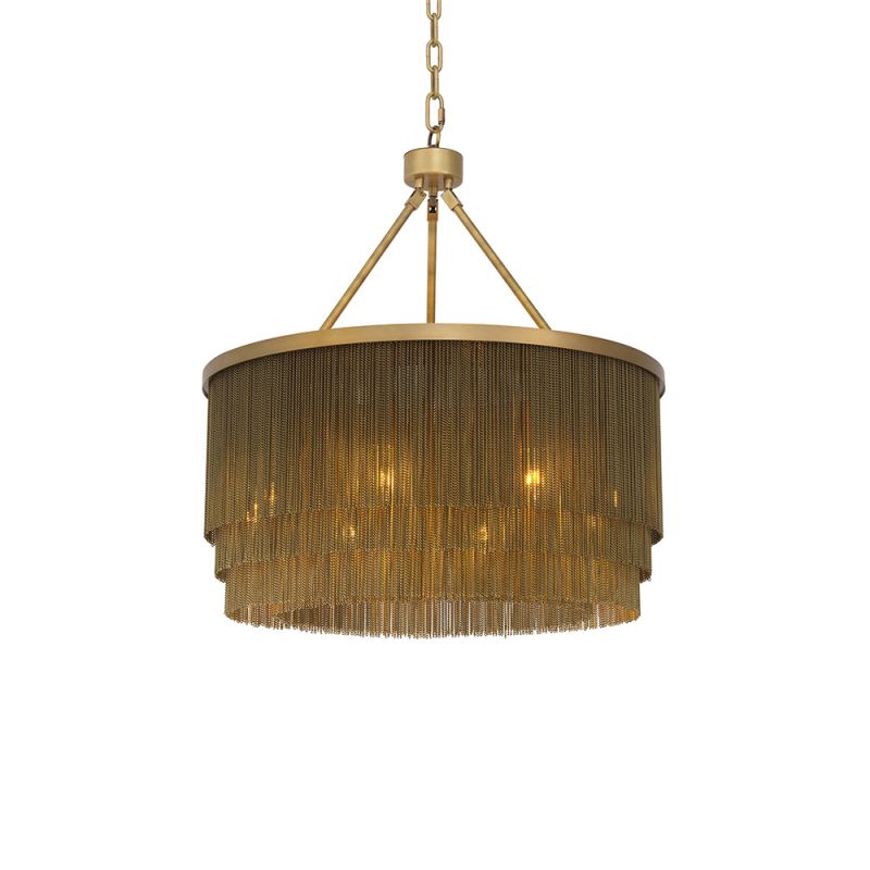 A glamorous chandelier by Eichholtz inspired by 20s extravagance with rows of gold chains and an antique brass finish 