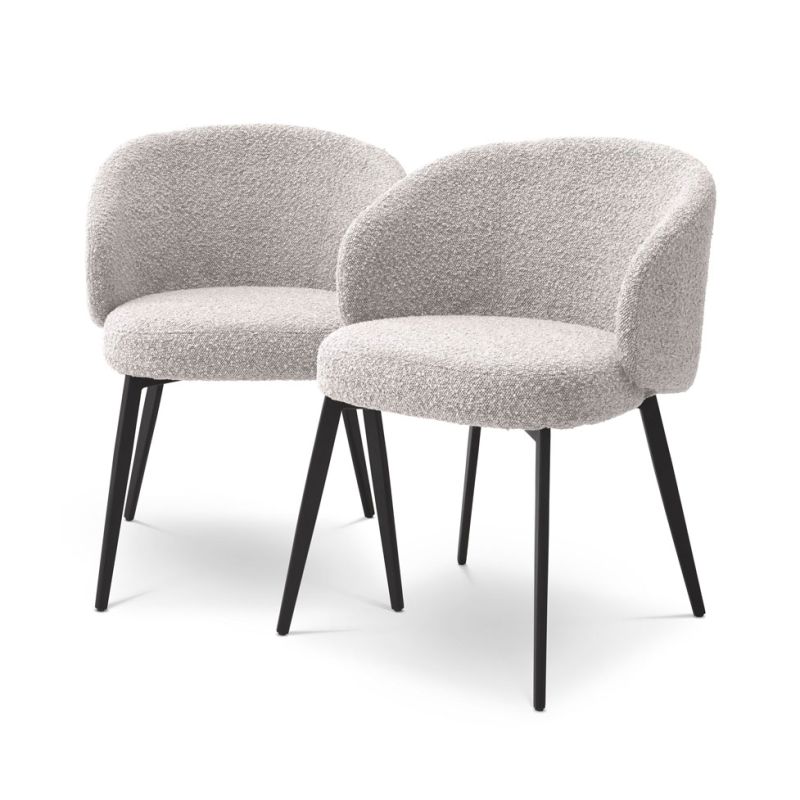 Cosy grey boucle dining chairs with curved back/arm rest