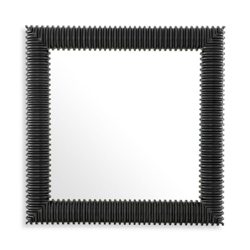 This beautiful, black mirror is hand-carved from solid mahogany wood and features a square shaped frame showcasing a row pattern in high relief. 