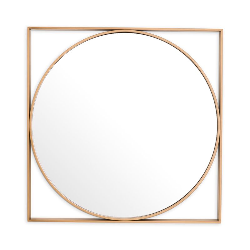 Art-deco inspired mirror with circular and straight brass finish frame.
