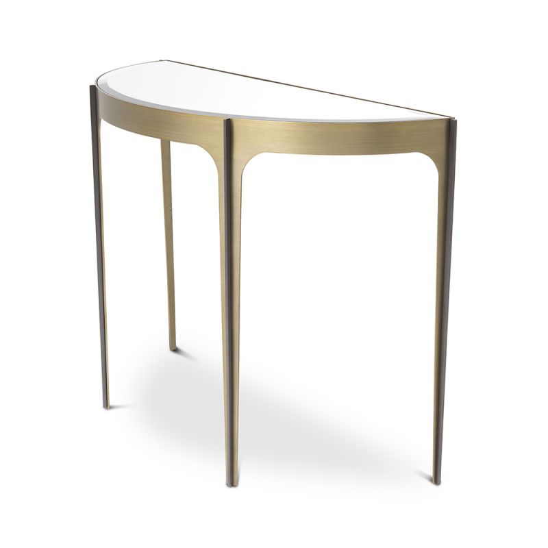 Brushed brass console table with bronze rod accent on the legs and mirror glass table top