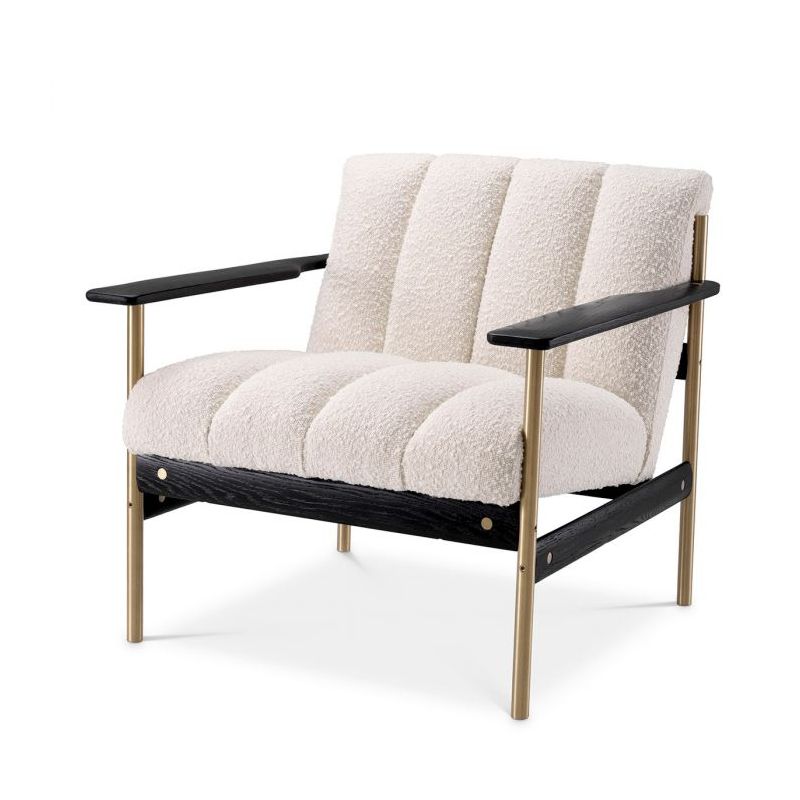 Stylish boucle cream armchair with deep channel stitching and sleek black arms