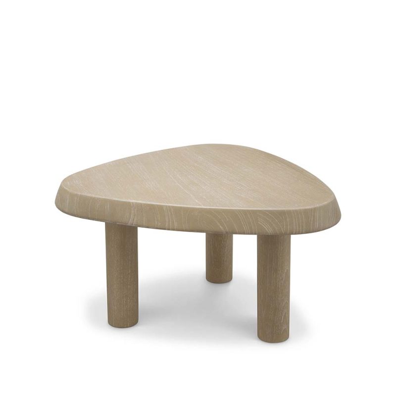 A rounded triangular coffee table with a natural veneer