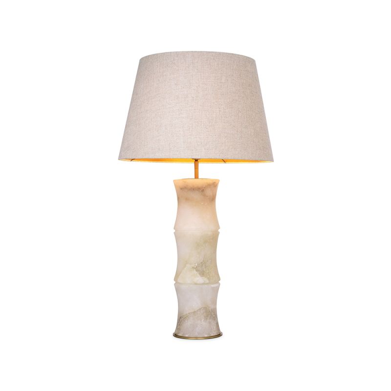 A wonderfully unique side lamp by Eichholtz with a bamboo stem base structured from alabaster and complete with fabric shade