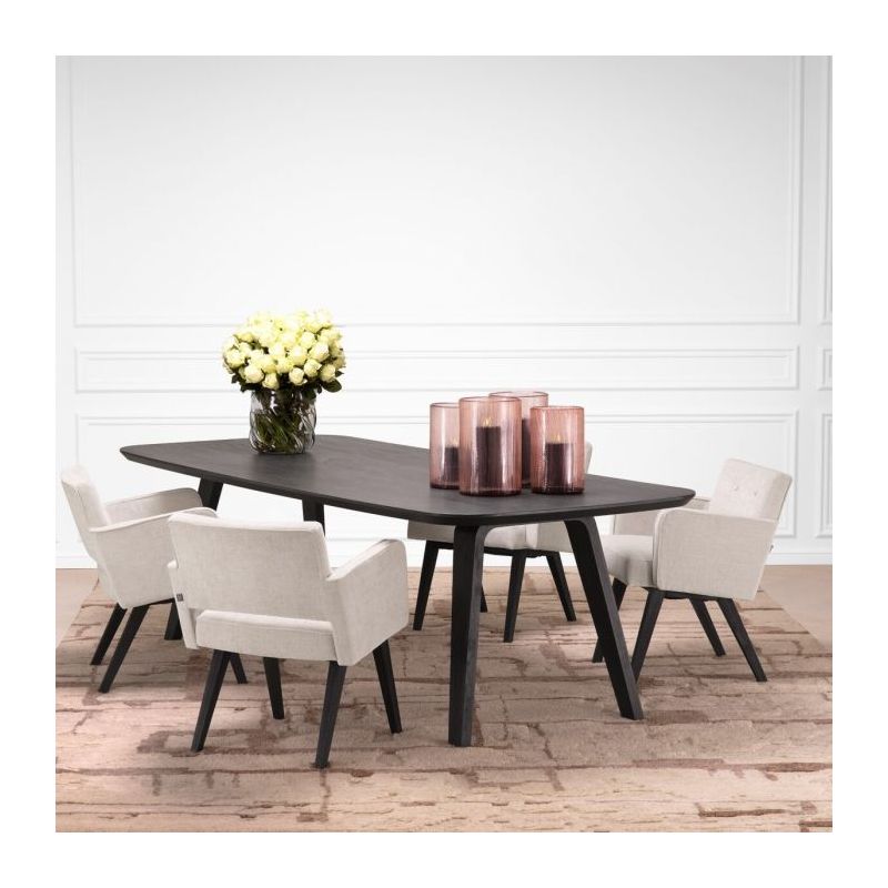 Padded cream dining chair with boxy silhouette and armrests, Complete with four black wooden legs