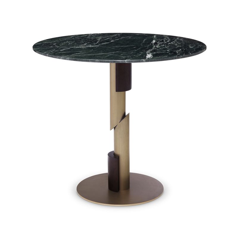 An opulent round dining table by Eichholtz with a green marble tabletop, brushed brass base and brown veneer details 