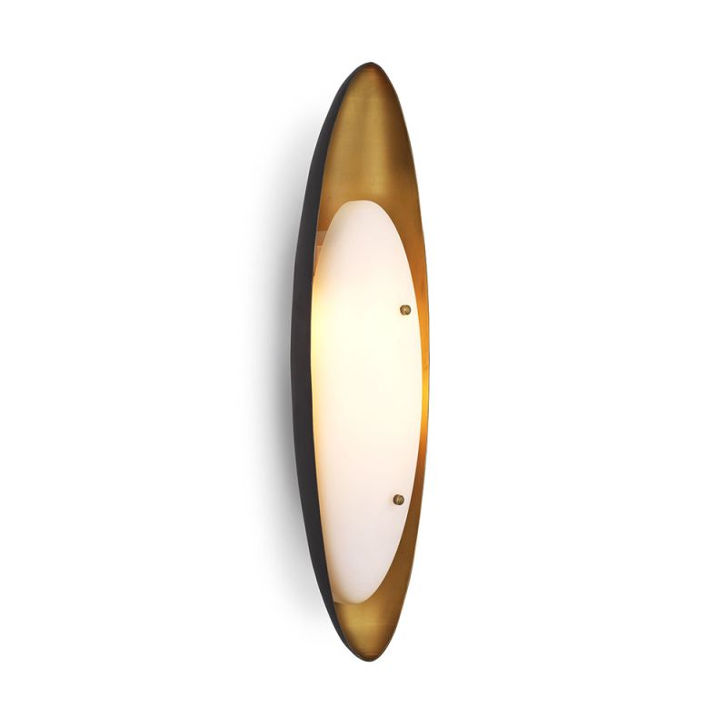 A unique wall lamp by Eichholtz with a black and brass frame finished with a white glass, oval shade