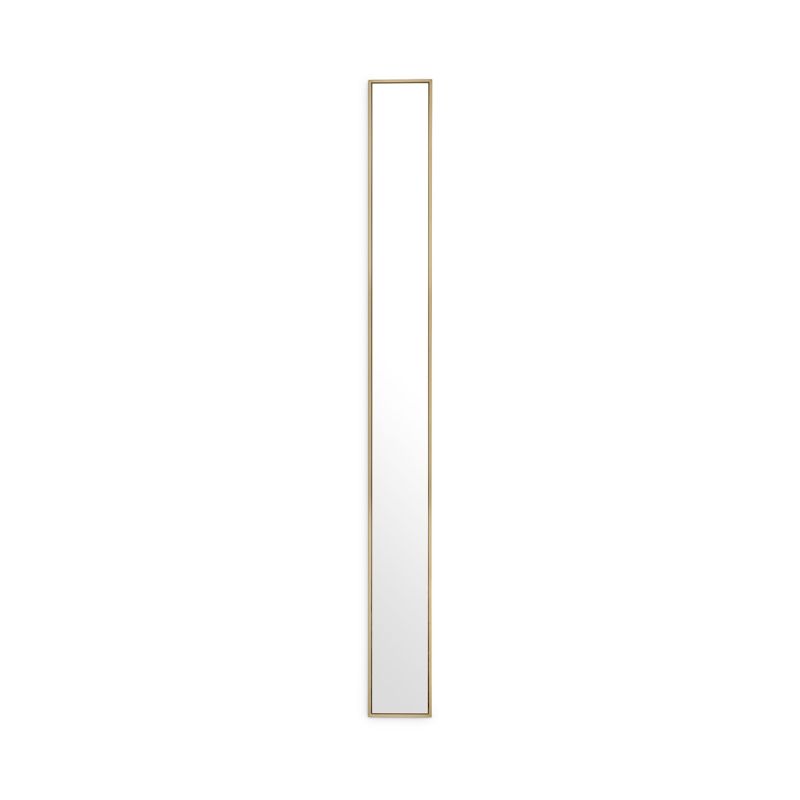 Sleek, narrow wall mirror with brass frame