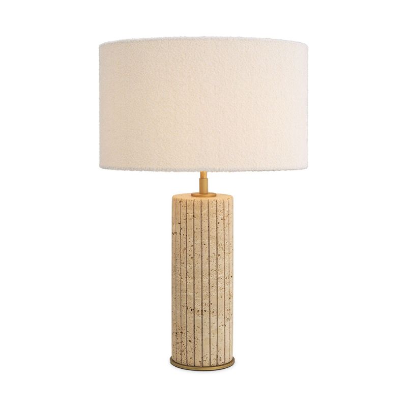 Decadent side lamp with travertine base and striking boucle shade