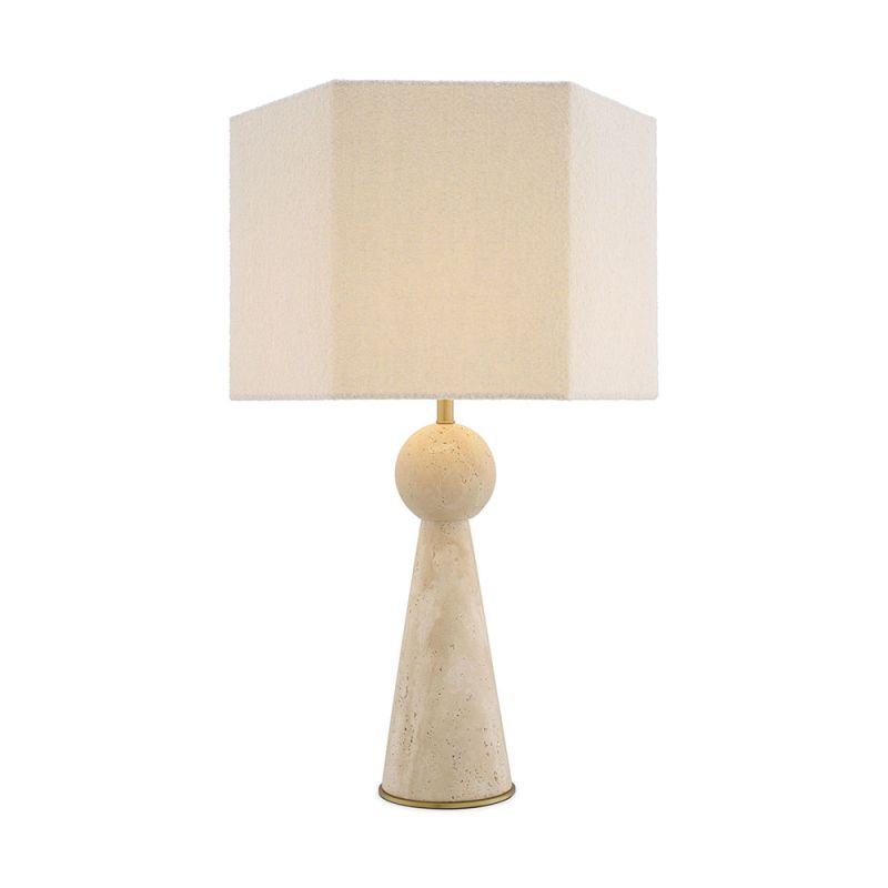 A stylish side lamp by Eichholtz with a travertine finish and boucle shade