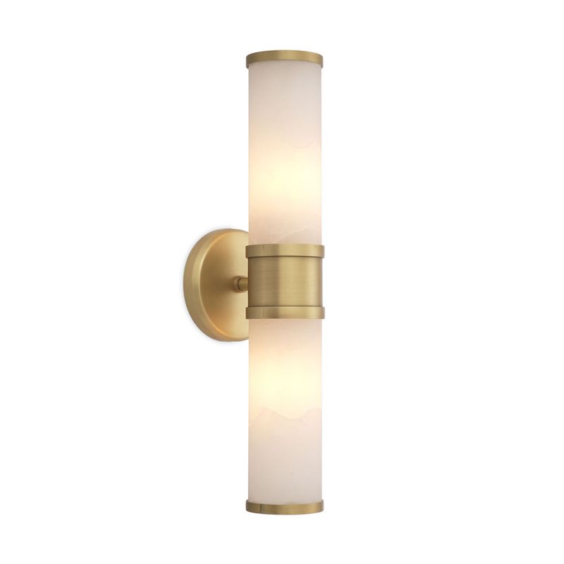 A luxury double wall lamp by Eichholtz with two bulbs, a translucent alabaster shade and brushed brass details