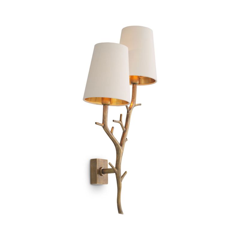 A luxury wall lamp by Eichholtz with a nature, branch inspired stem with a beautiful vintage brass finish and two off white shades