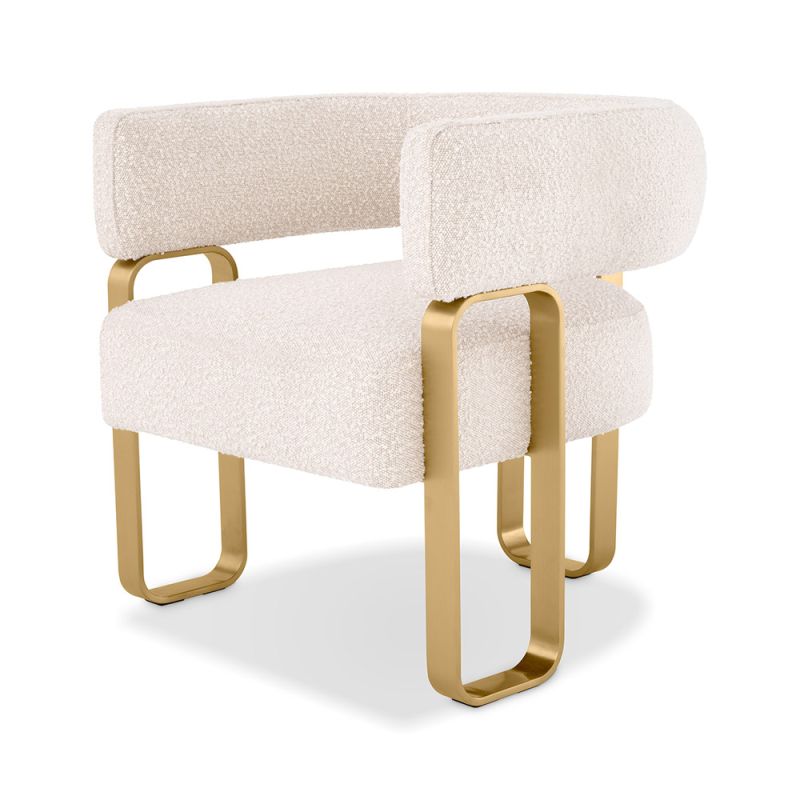 Glamorous design armchair with wrap-around backrest and rectangular brass legs