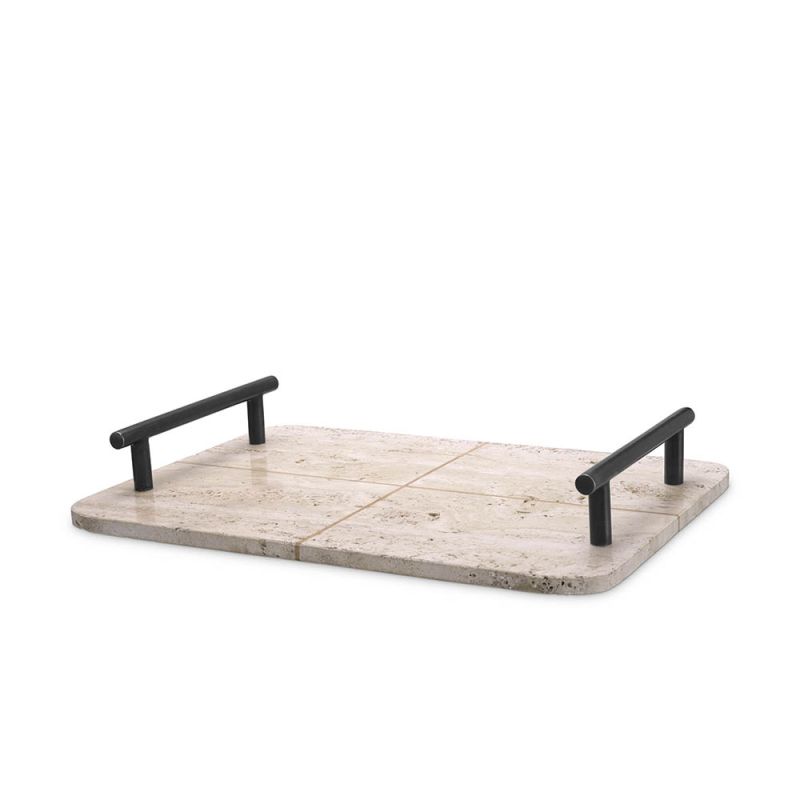 Stylish travertine tray with sturdy bronze handles