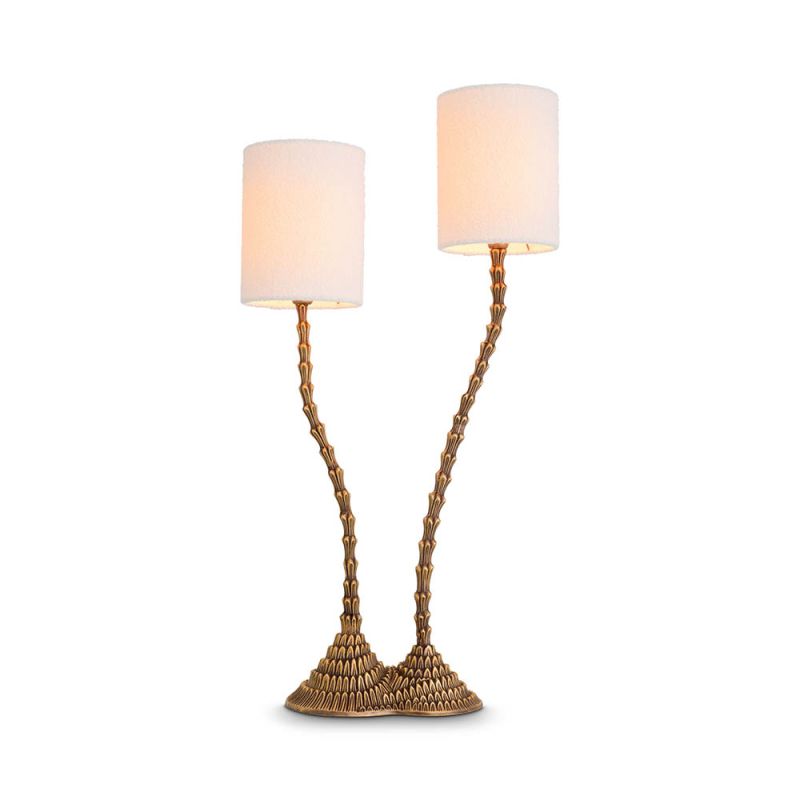Textured conjoined brushed-brass side lamp with two boucle shades.