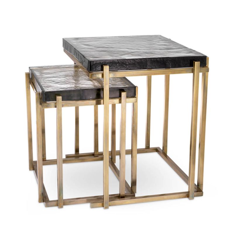 Set of 2 brass side tables with glass top