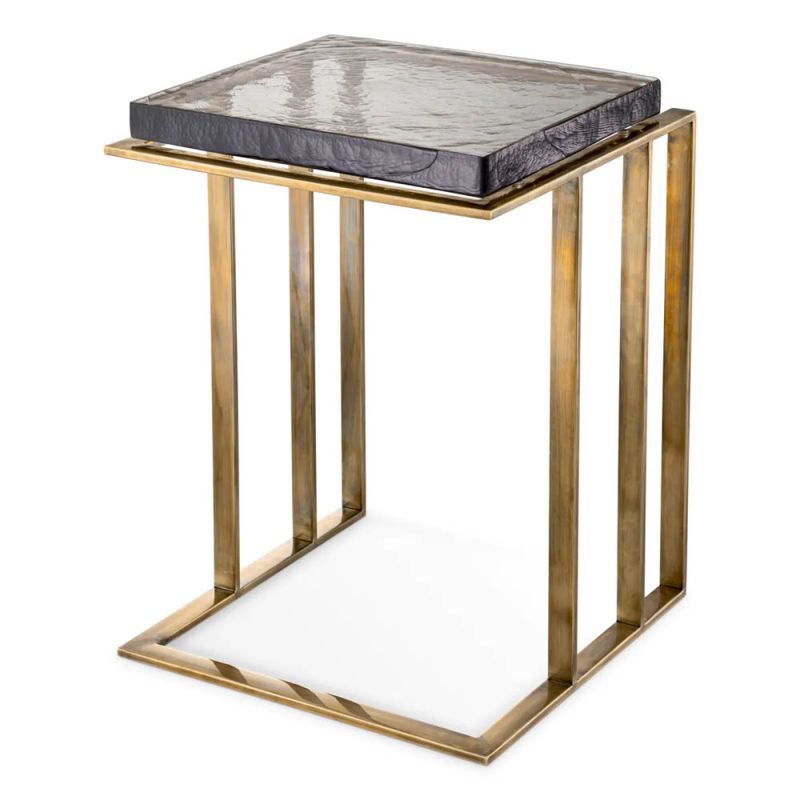 Square side table with thick, handmade glass top and brass finish