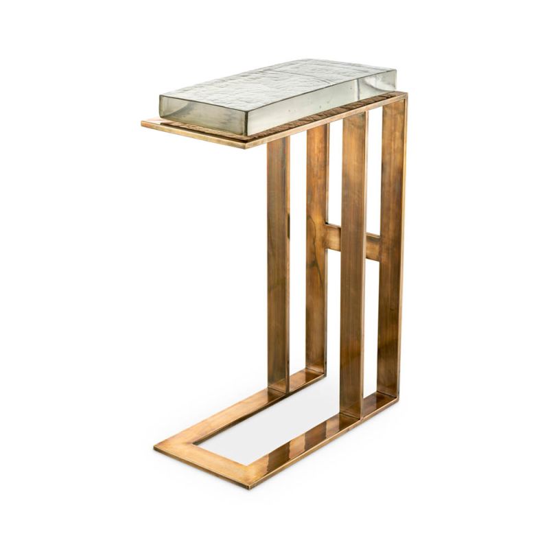 Sculptural brass side table with handmade glass top