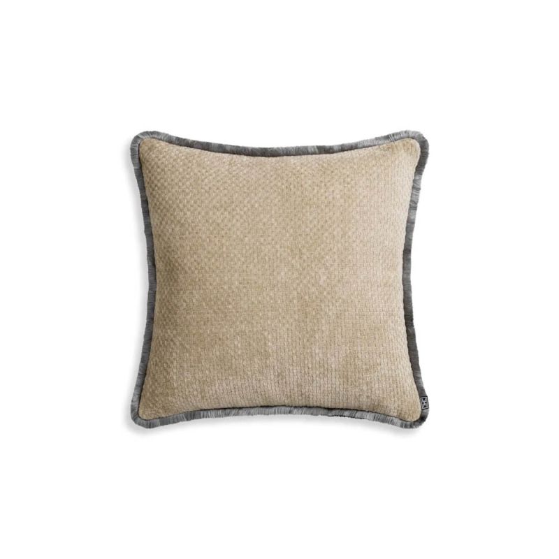 Greige square cushion with grey fringe