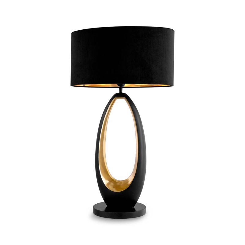 contemporary lamp in black and gold, long and oval in shape and with an elegant hollow centre