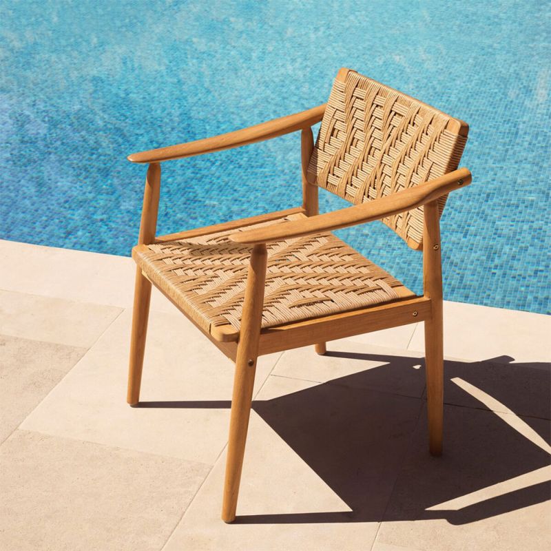 Set of two woven chairs with teak wood frames