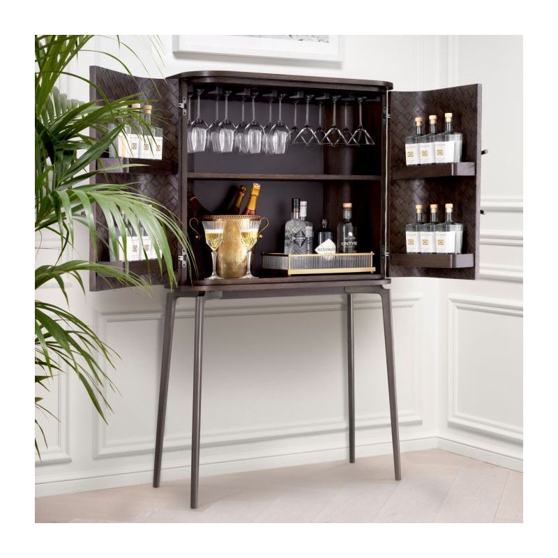 Dark brown geometric cabinet with circular metal handle