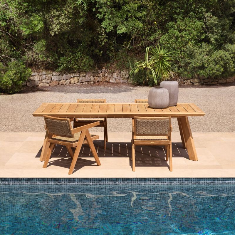 Woven backrest and wooden frame dining chair for indoor and outdoor use
