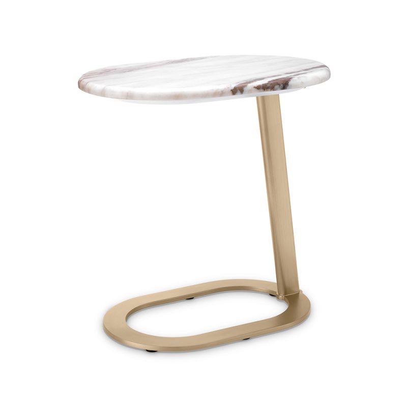 A luxury side table by Eichholtz with a marble top and brushed brass base