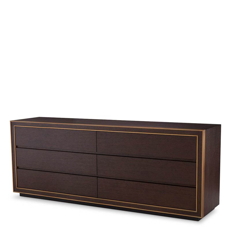 Low brown oak veneer dresser with brass detail