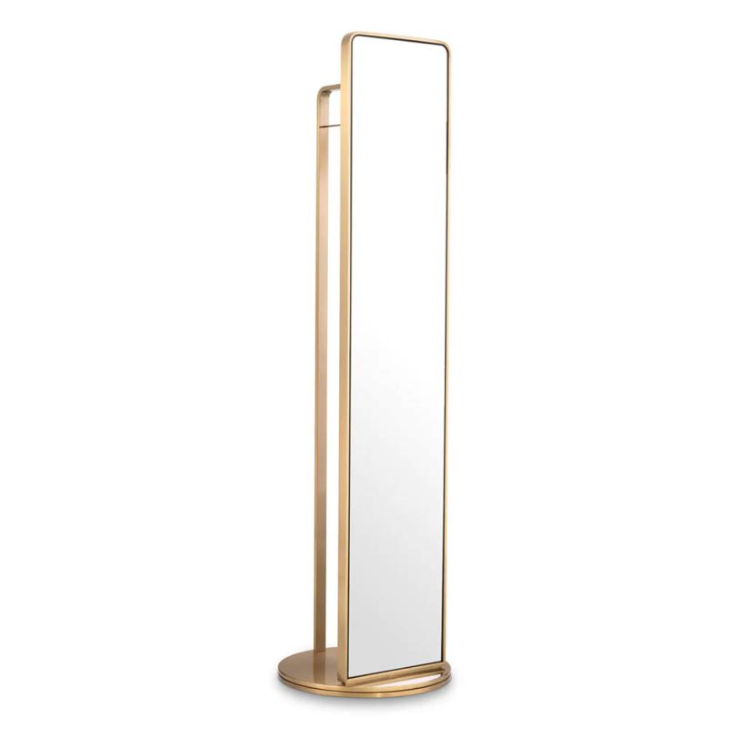 Floor mirror with rotating base and sleek coatrack wrapped in luxury brushed brass finish
