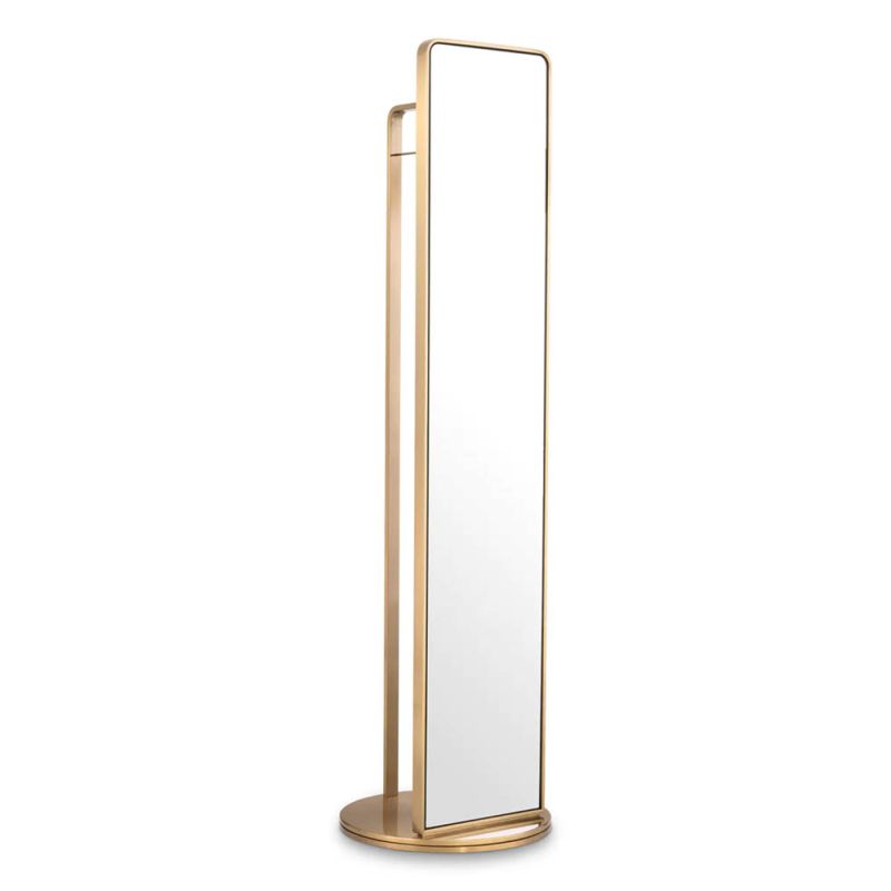 Floor mirror with rotating base and sleek coatrack wrapped in luxury brushed brass finish