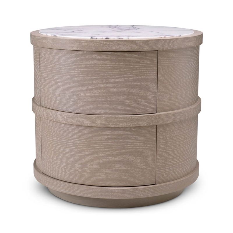 Round washed oak bedside table with marble top