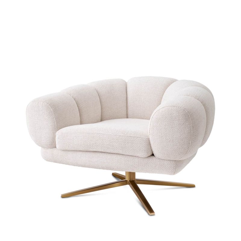 Sleek and modern swivel chair with wide-ribbed backrest stitching and brass base