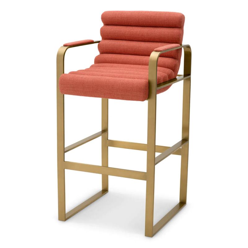 orange linen upholstered barstool with horizontal fluting and brass frame